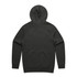 A dark grey hoodie with a hood and raglan sleeves, featuring a smooth back design. It has a logo.