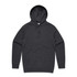 A charcoal grey hoodie featuring a front pocket and a hood, with a logo present.