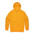 A bright yellow hoodie featuring a front pocket and a drawstring hood. It includes a logo.
