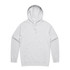 A grey hoodie featuring a front pocket and a drawstring hood, with a logo on it.