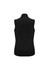 A black women's apex vest featuring a high collar and a fitted design, with a branding logo present.
