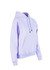 A lavender hoodie with a kangaroo pocket, featuring a drawstring hood and ribbed cuffs. It has a branding logo.