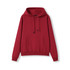 A red women's junior hoodie with a kangaroo pocket and drawstring hood. It has a plain design and includes a logo.