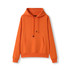 An orange kangaroo pocket hoodie with a hood and drawstrings. Features a front pocket and long sleeves.