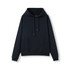 A navy blue women's juniors kangaroo pocket hoodie with a hood and drawstrings, featuring a logo.