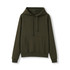 A women's juniors kangaroo pocket hoodie in olive green, featuring a front pocket and drawstring hood.