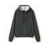 A charcoal grey women's/juniors hoodie with a kangaroo pocket and a two-tone hood. The hoodie has a simple logo.