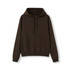 A brown women's hoodie with a kangaroo pocket and a hood. It has a simple design and fitted style.