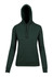 A dark green women's juniors hoodie featuring a kangaroo pocket and a drawstring hood. It has a logo.