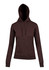 A brown women's/juniors hoodie with a kangaroo pocket and a drawstring hood, featuring a logo.