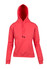 A coral hoodie with a kangaroo pocket and a drawstring hood, featuring a logo on the front.