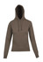 A women's juniors kangaroo pocket hoodie in olive green with a hood and long sleeves. It has a central pocket and a logo.