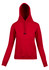 A red kangaroo pocket hoodie with a hood, featuring a front pouch and long sleeves. It has a logo on it.
