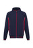 A navy blue soft shell jacket with red accents and a zip-up front, featuring side pockets and a logo.