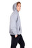 A grey kangaroo pocket hoodie on a model, featured in a side profile with hands in pockets.