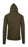 An olive green men's kangaroo pocket hoodie with a fitted design and a hood at the back.