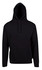 A black kangaroo pocket hoodie featuring a hood and drawstrings, suitable for casual wear. It has a logo on the front.