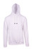 A white men's hoodie with a kangaroo pocket and drawstring hood, featuring a logo on the front.
