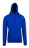 A blue kangaroo pocket hoodie with a drawstring hood and a front pouch pocket. It features a logo on the front.