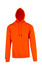 An orange hoodie with a kangaroo pocket and a drawstring hood, featuring a logo.