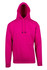 A bright pink men's hoodie with a kangaroo pocket and an adjustable drawstring hood. It features a logo on the front.