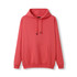 A coral hoodie featuring a kangaroo pocket and a front drawstring hood. It includes a logo on the garment.