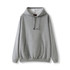 A grey kangaroo pocket hoodie with a drawstring hood and ribbed cuffs. It features a logo at the front.