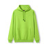 A bright green men's hoodie featuring a kangaroo pocket and a drawstring hood. It has a logo on the front.