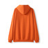 A bright orange hooded jumper with a kangaroo pocket and a plain back. It features a logo on the design.