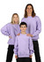 A purple poly cotton fleece jumper featuring adults and a child, all wearing matching sweatshirts.