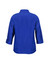 A blue 3/4 sleeve shirt with a collar and a plain design. It features a logo on the back.