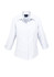 A white ladies' 3/4 sleeve shirt with a collared neck and button closure, featuring a logo.