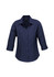 A women's navy 3/4 sleeve shirt with a front button closure and a collar, featuring a logo.
