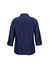 A navy women's 3/4 sleeve shirt with a collar and a logo on the back.