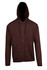A brown zip hoodie with a hood and front pockets, featuring a logo on the front.