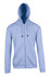 A light blue zip hoodie with a pocket and drawstring hood, featuring branding on the front.