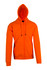An orange zip hoodie with a pocket and a hood, featuring a logo on the sleeve.