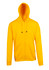 A bright yellow men's zip hoodie with a front pocket and a hood, featuring a logo on the chest.
