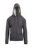 A grey zip hoodie with a pocket, featuring a hood and long sleeves. It has a logo on the front.