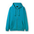 A turquoise men's zip hoodie featuring a front pocket and a drawstring hood. It has a logo on the chest.