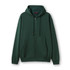 A green men's zip hoodie with a front pocket and drawstring hood. It features a logo on the chest.