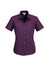 A purple short sleeve button-up shirt with a collared neckline and a fitted style, featuring a logo.
