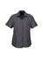 A grey short sleeve button-up shirt with a collar and buttons down the front. It features a logo on the chest.