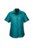A teal short-sleeve button-up shirt with a collar and a logo on the chest.