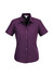 A short sleeve button-up shirt in a deep purple colour, featuring a collar and front buttons. It has a logo.
