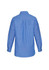 A blue women's chambray long sleeve button-up shirt with a plain back and buttoned cuffs.