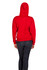 A red women's/juniors hoodie with a pocket, featuring a hood, showcased from the back.