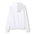 A white women's zip-up hoodie with a hood and long sleeves, featuring a pocket.