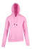 A pink women's juniors zipper hoodie with a front pocket and a drawstring hood. It features a logo.