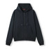 A navy women's junior zipper hoodie with a pocket and drawstrings on the hood, featuring a logo.